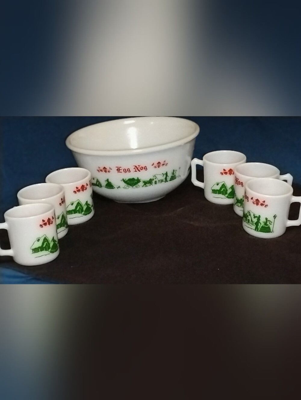 Vintage Hazel-Atlas Milk Glass Egg Nog Set & Punch Bowl 6 Mugs Christmas Village